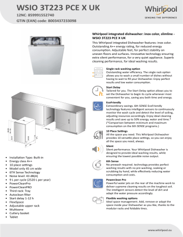 Whirlpool WSIO 3T223 PCE X UK Dishwasher Product Data Sheet | Manualzz