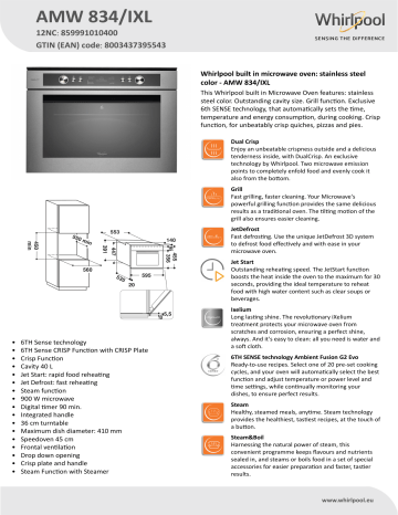Whirlpool AMW 834/IXL Microwave Product Data Sheet | Manualzz