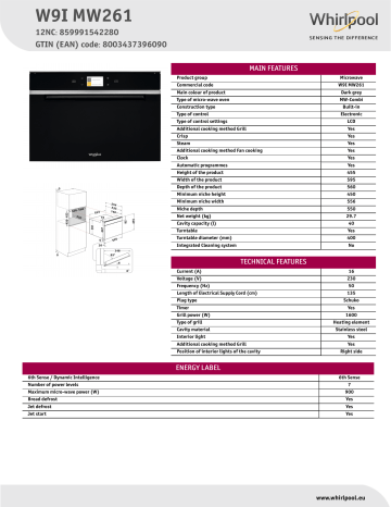 Whirlpool W9I MW261 Microwave Product Data Sheet | Manualzz
