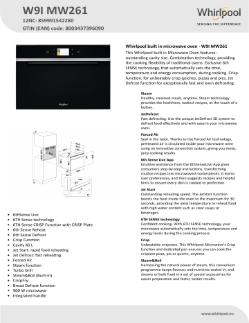 Whirlpool W9I MW261 Microwave Product Data Sheet | Manualzz