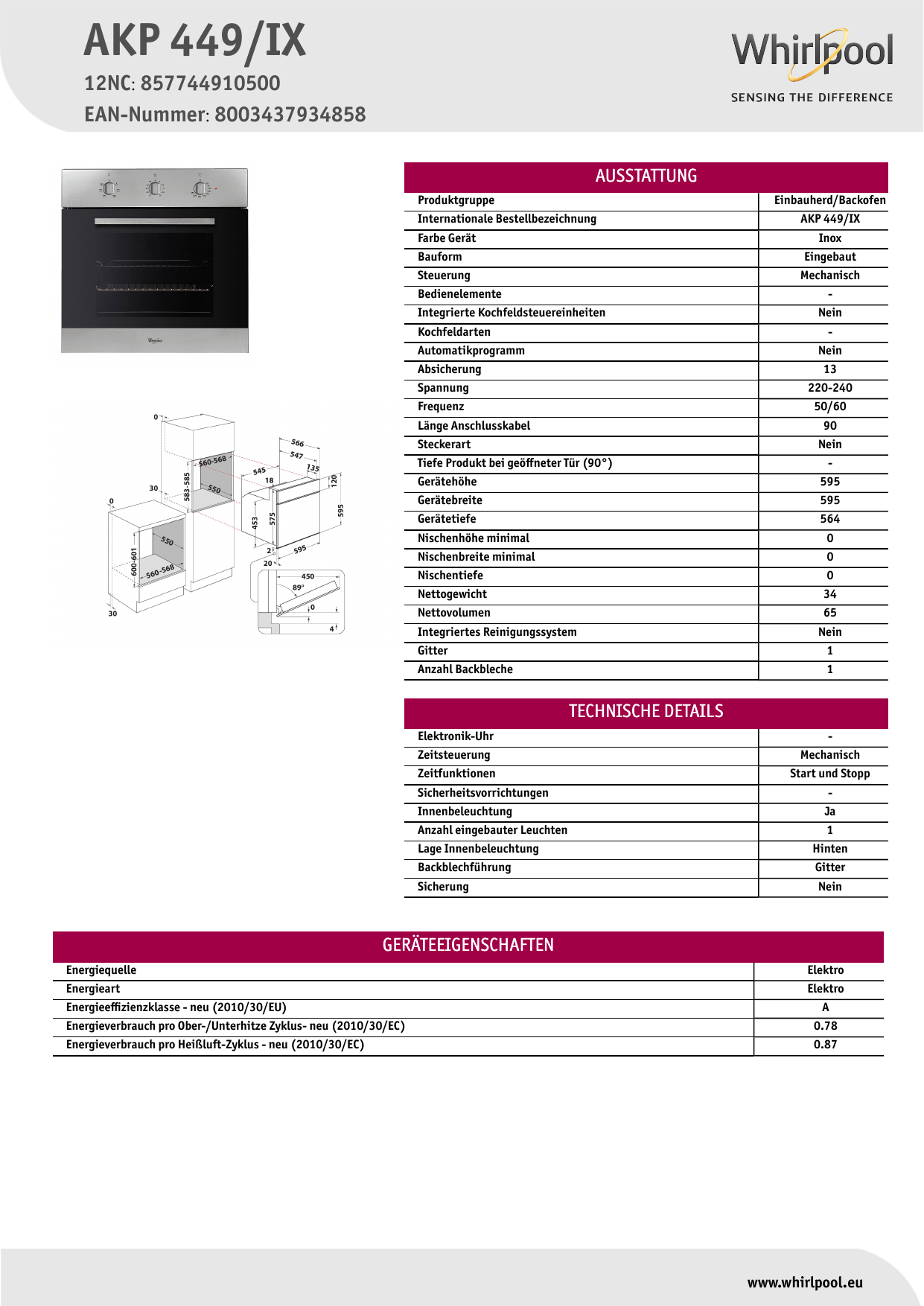 Whirlpool AKP 449/IX Oven Product Data Sheet | Manualzz
