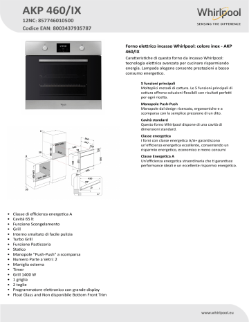 Whirlpool AKP 460/IX Oven Product Data Sheet | Manualzz
