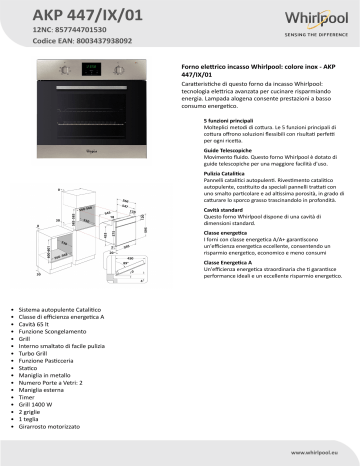 Whirlpool AKP 447/IX/01 Oven Product Data Sheet | Manualzz