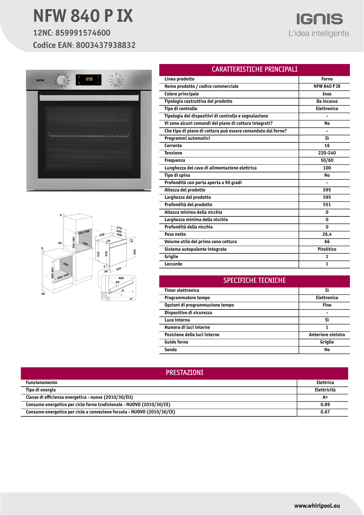 Ignis NFW 840 P IX Oven Product Data Sheet | Manualzz