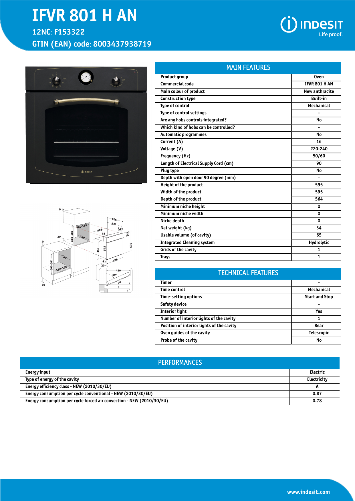 Indesit IFVR 801 H AN Oven Product Data Sheet | Manualzz