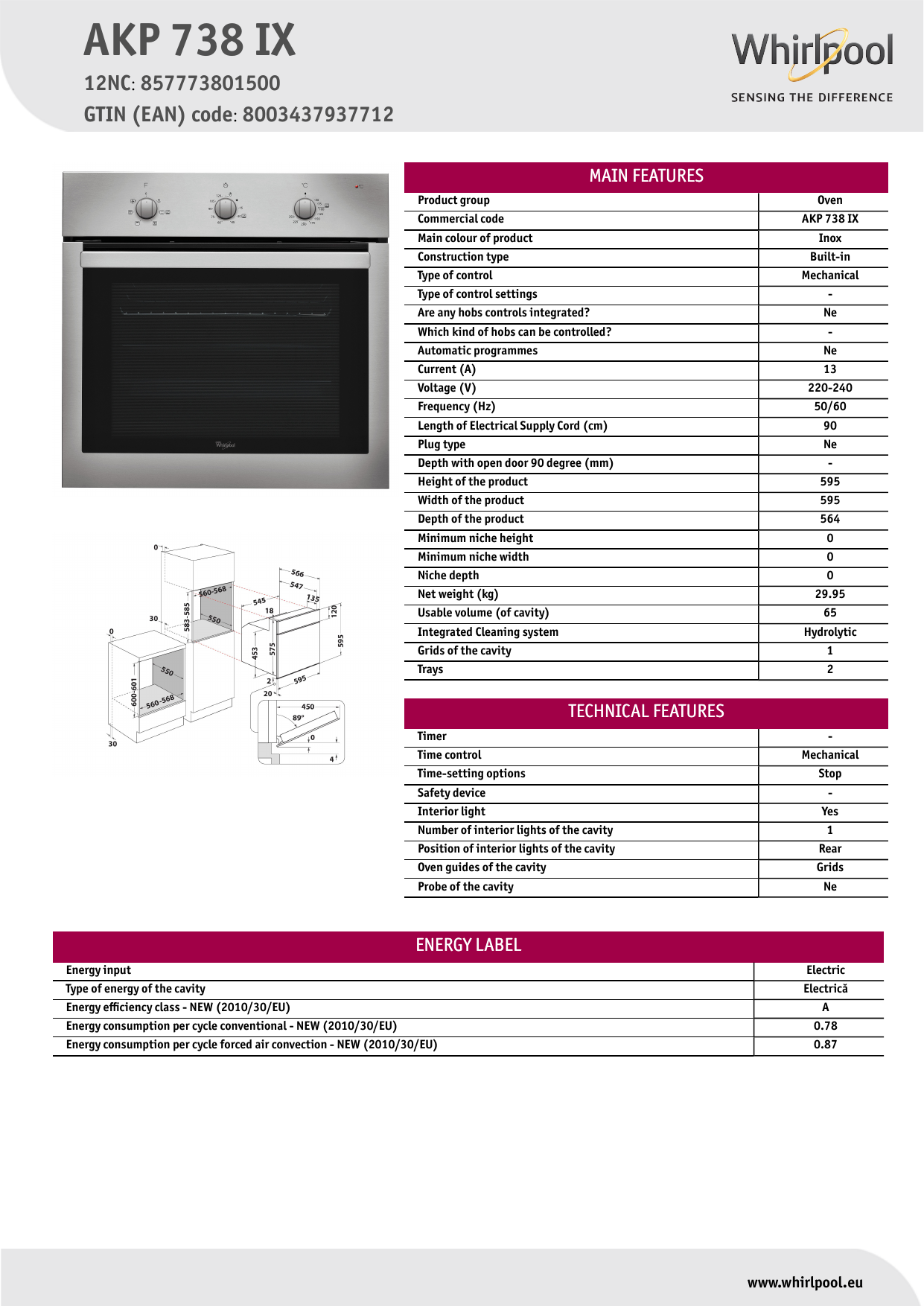 Whirlpool AKP 738 IX Oven Product Data Sheet | Manualzz