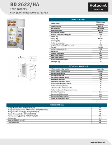 HOTPOINT/ARISTON BD 2622/HA Fridge/freezer combination Product Data Sheet | Manualzz