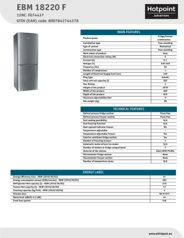 HOTPOINT/ARISTON EBM 18220 F Fridge/freezer combination Product Data Sheet | Manualzz