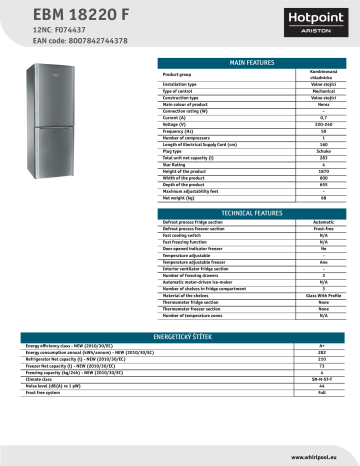 HOTPOINT/ARISTON EBM 18220 F Fridge/freezer combination Product Data Sheet | Manualzz