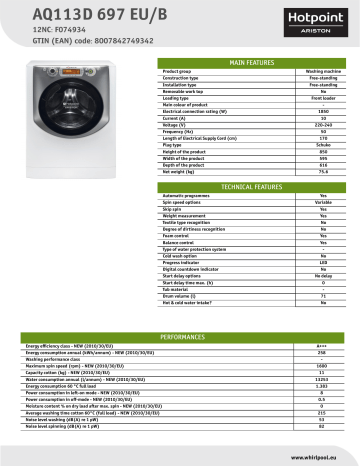 HOTPOINT/ARISTON AQ113D 697 EU/B Washing machine Product Data Sheet | Manualzz