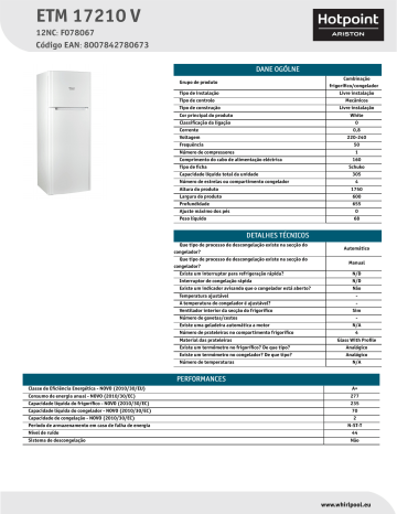 HOTPOINT/ARISTON ETM 17210 V Fridge/freezer combination Product Data Sheet | Manualzz