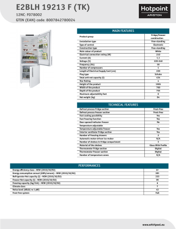 HOTPOINT/ARISTON E2BLH 19213 F (TK) Fridge/freezer combination Product Data Sheet | Manualzz