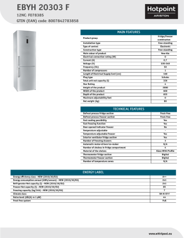 HOTPOINT/ARISTON EBYH 20303 F Fridge/freezer combination Product Data Sheet | Manualzz