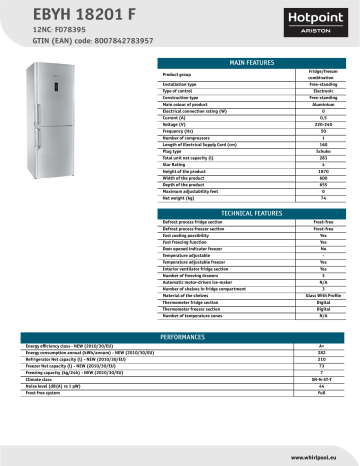 HOTPOINT/ARISTON EBYH 18201 F Fridge/freezer combination Product Data Sheet | Manualzz