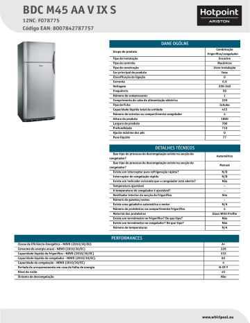 HOTPOINT/ARISTON BDC M45 AA V IX S Fridge/freezer combination Product Data Sheet | Manualzz