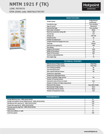 HOTPOINT/ARISTON NMTM 1921 F (TK) Fridge/freezer combination Product Data Sheet | Manualzz