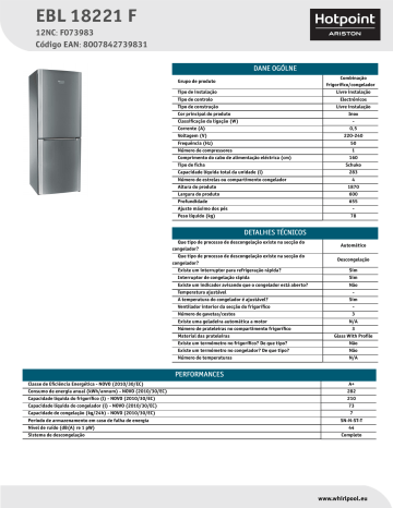 HOTPOINT/ARISTON EBL 18221 F Fridge/freezer combination Product Data Sheet | Manualzz