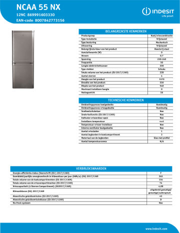 Indesit NCAA 55 NX Fridge/freezer combination NEL Data Sheet | Manualzz