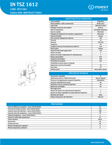 Indesit IN TSZ 1612 Refrigerator Product Data Sheet | Manualzz