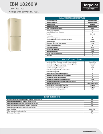 HOTPOINT/ARISTON EBM 18260 V Fridge/freezer combination Product Data Sheet | Manualzz