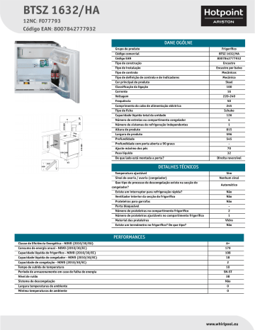 HOTPOINT/ARISTON BTSZ 1632/HA Refrigerator Product Data Sheet | Manualzz