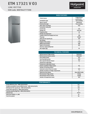 HOTPOINT/ARISTON ETM 17321 V O3 Fridge/freezer combination Product Data Sheet | Manualzz