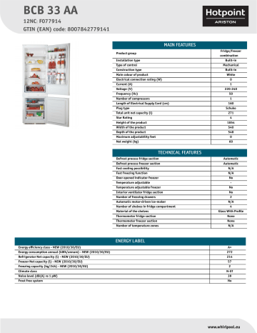 HOTPOINT/ARISTON BCB 33 AA Fridge/freezer combination Product Data Sheet | Manualzz