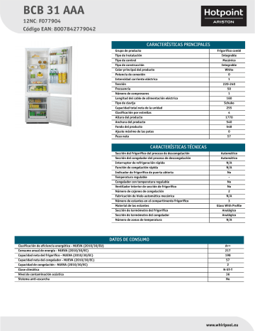 HOTPOINT/ARISTON BCB 31 AAA Fridge/freezer combination Product Data Sheet | Manualzz