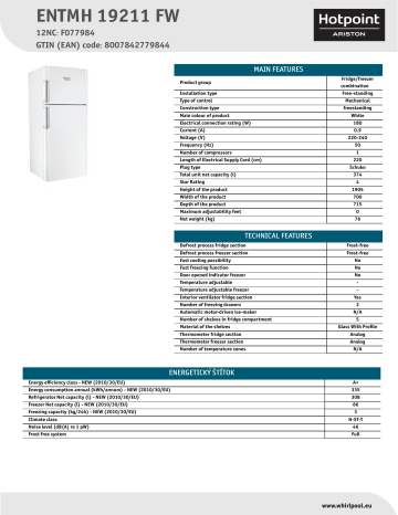 HOTPOINT/ARISTON ENTMH 19211 FW Fridge/freezer combination Product Data Sheet | Manualzz