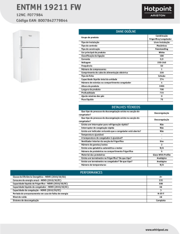 HOTPOINT/ARISTON ENTMH 19211 FW Fridge/freezer combination Product Data Sheet | Manualzz
