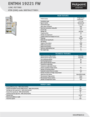 HOTPOINT/ARISTON ENTMH 19221 FW Fridge/freezer combination Product Data Sheet | Manualzz
