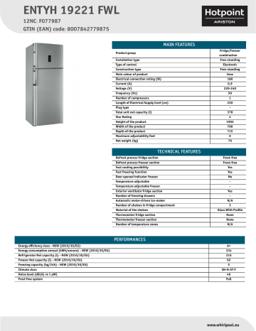 HOTPOINT/ARISTON ENTYH 19221 FWL Fridge/freezer combination Product Data Sheet | Manualzz