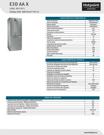 HOTPOINT/ARISTON E3D AA X Fridge/freezer combination Product Data Sheet | Manualzz