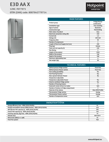 HOTPOINT/ARISTON E3D AA X Fridge/freezer combination Product Data Sheet | Manualzz