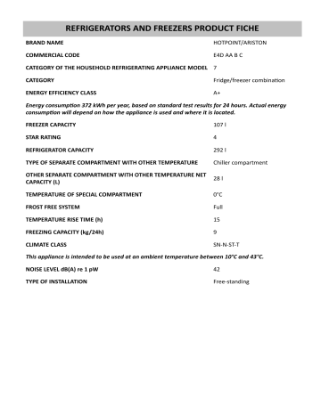 HOTPOINT/ARISTON E4D AA B C Fridge/freezer combination Product Fiche |  Manualzz