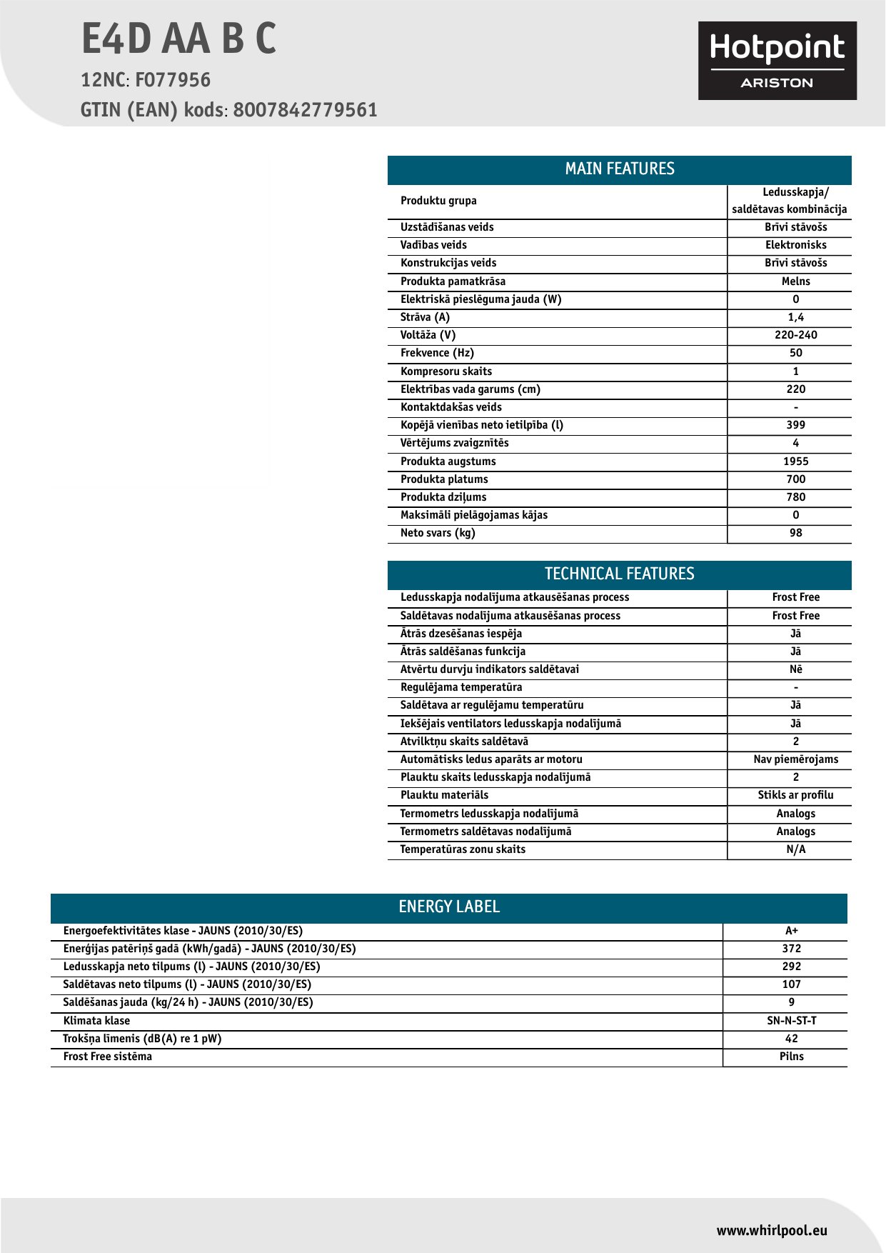 HOTPOINT/ARISTON E4D AA B C Fridge/freezer combination Product Data Sheet |  Manualzz
