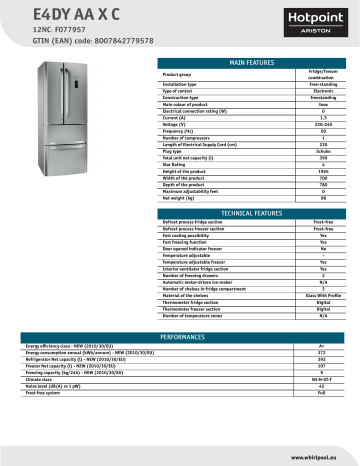 HOTPOINT/ARISTON E4DY AA X C Fridge/freezer combination Product Data Sheet | Manualzz