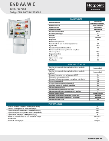 HOTPOINT/ARISTON E4D AA W C Fridge/freezer combination Product Data Sheet | Manualzz