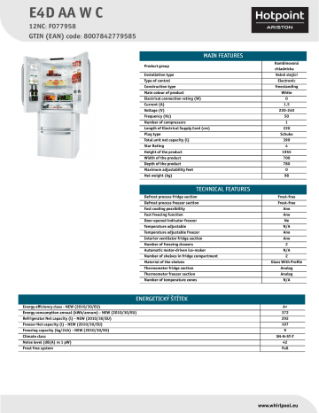 HOTPOINT/ARISTON E4D AA W C Fridge/freezer combination Product Data Sheet | Manualzz