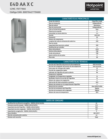 HOTPOINT/ARISTON E4D AA X C Fridge/freezer combination Product Data Sheet | Manualzz