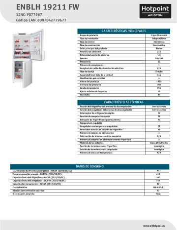 HOTPOINT/ARISTON ENBLH 19211 FW Fridge/freezer combination Product Data Sheet | Manualzz