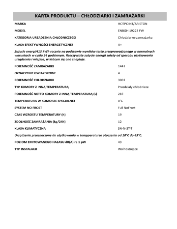 HOTPOINT/ARISTON ENBGH 19223 FW Fridge/freezer combination Informacje o  produkcie | Manualzz