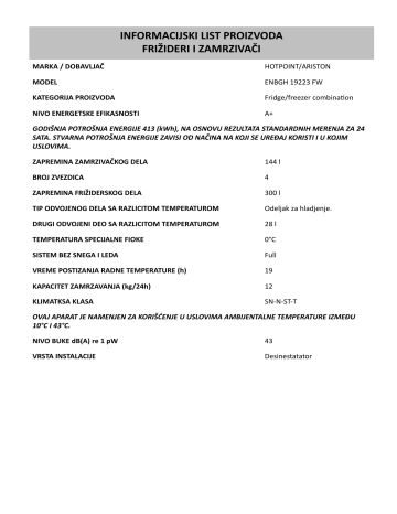 HOTPOINT/ARISTON ENBGH 19223 FW Fridge/freezer combination Информације о  производу | Manualzz