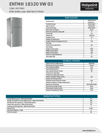 HOTPOINT/ARISTON ENTMH 18320 VW O3 Fridge/freezer combination Product Data Sheet | Manualzz