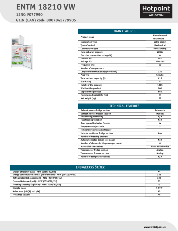 HOTPOINT/ARISTON ENTM 18210 VW Fridge/freezer combination Product Data Sheet | Manualzz