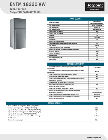 HOTPOINT/ARISTON ENTM 18220 VW Fridge/freezer combination Product Data Sheet | Manualzz