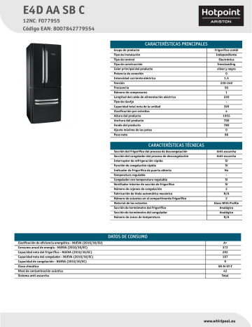 HOTPOINT/ARISTON E4D AA SB C Fridge/freezer combination Product Data Sheet | Manualzz