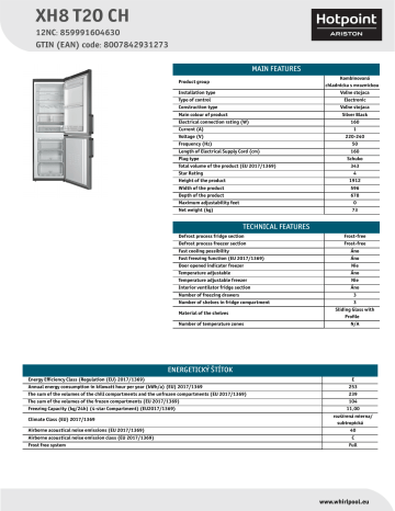 HOTPOINT/ARISTON XH8 T2O CH Fridge/freezer combination NEL Data Sheet | Manualzz