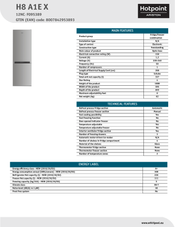 HOTPOINT/ARISTON H8 A1E X Fridge/freezer combination Product Data Sheet | Manualzz