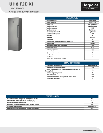 HOTPOINT/ARISTON UH8 F2D XI Freezer Product Data Sheet | Manualzz